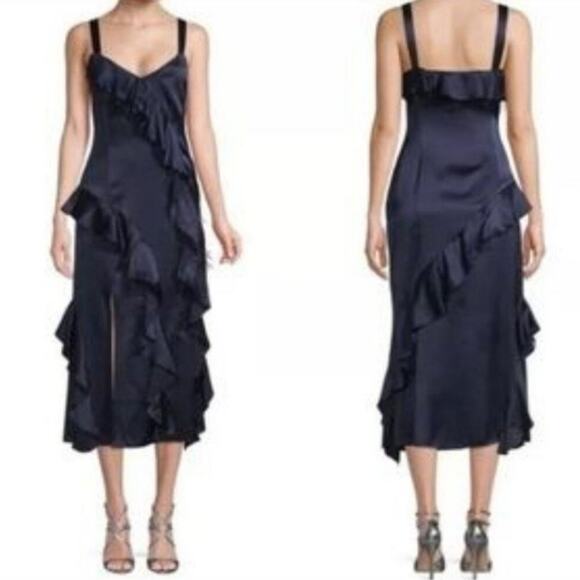 Cinq a Sept Gigi Ruffle and Ostrich Feather Silk Dress, Navy, 4 - Picture 2 of 8